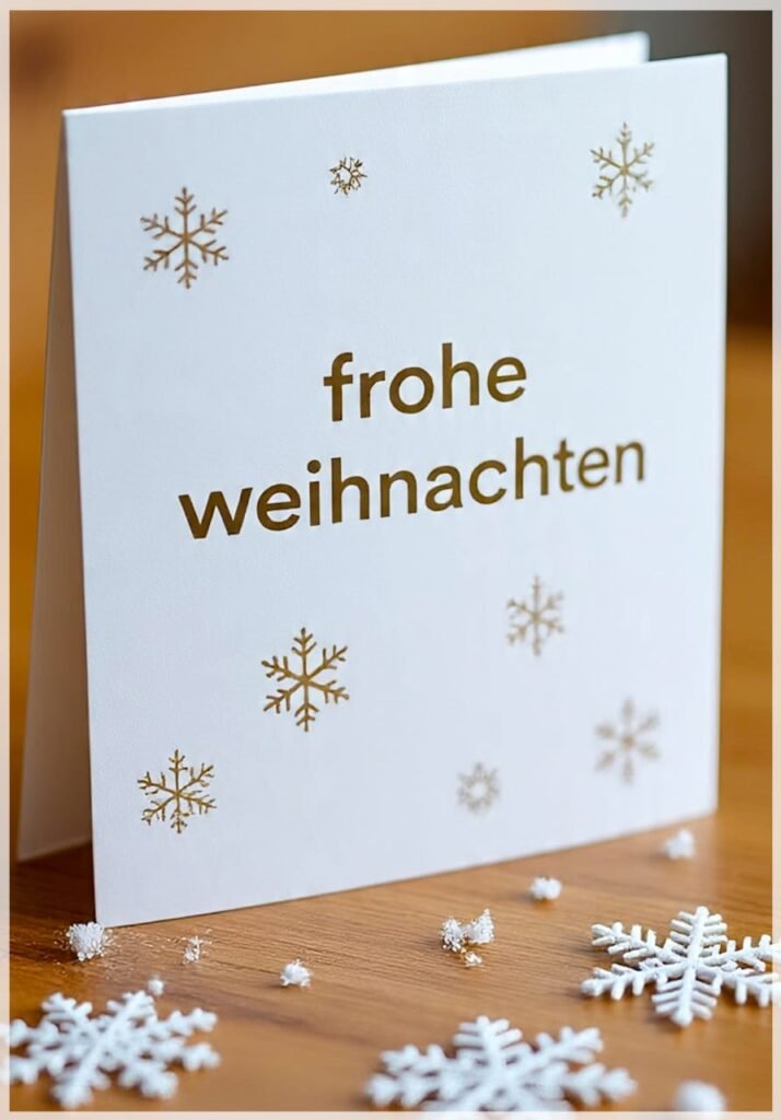Eine einfache, elegante weiße Karte mit goldenen Schneeflocken und Grußtext