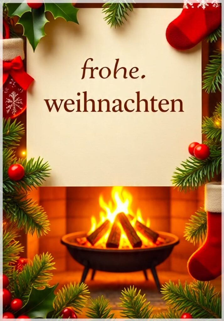 Weihnachtskarte mit einem warmen Kamin, Christbaumschmuck und Socken. Wünscht Frohe Weihnachten