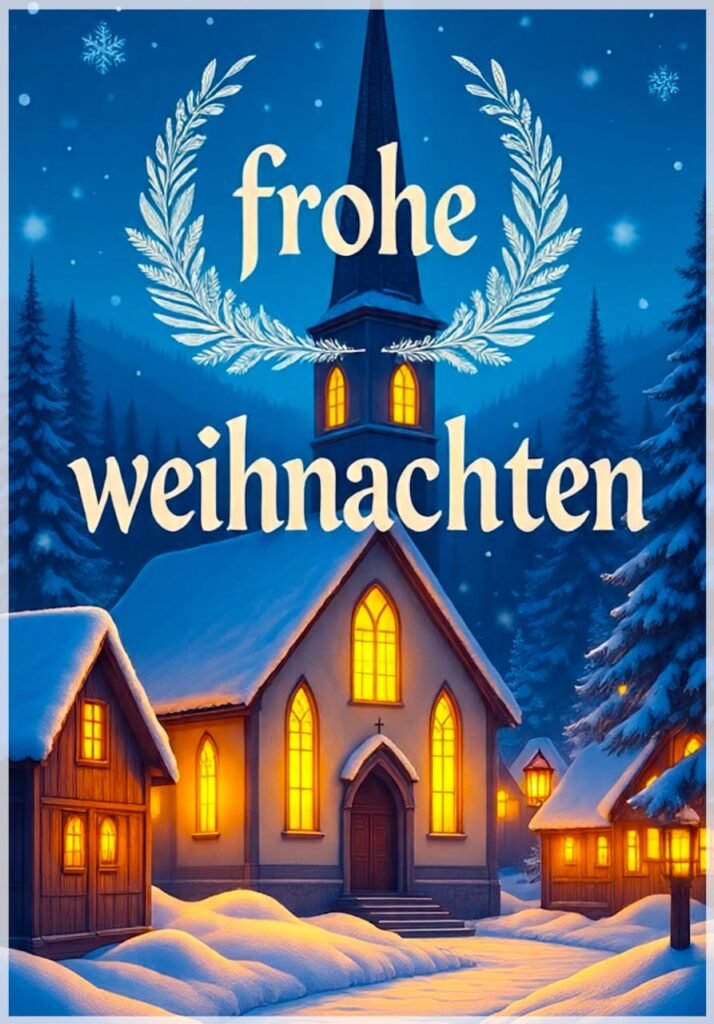 Eine beleuchtete Kapelle in einem verschneiten Dorf, umrahmt von Tannenbäumen