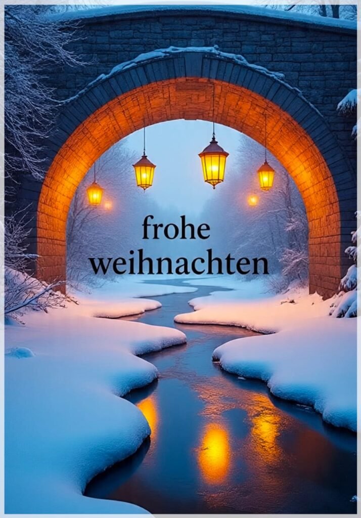 Eine Brücke mit Laternen über einem verschneiten Fluss und dem Gruß "Frohe Weihnachten