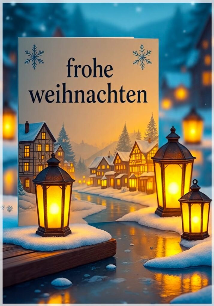 Eine Karte mit leuchtenden Laternen, einem gefrorenen Fluss und einem beleuchteten Dorf im Hintergrund