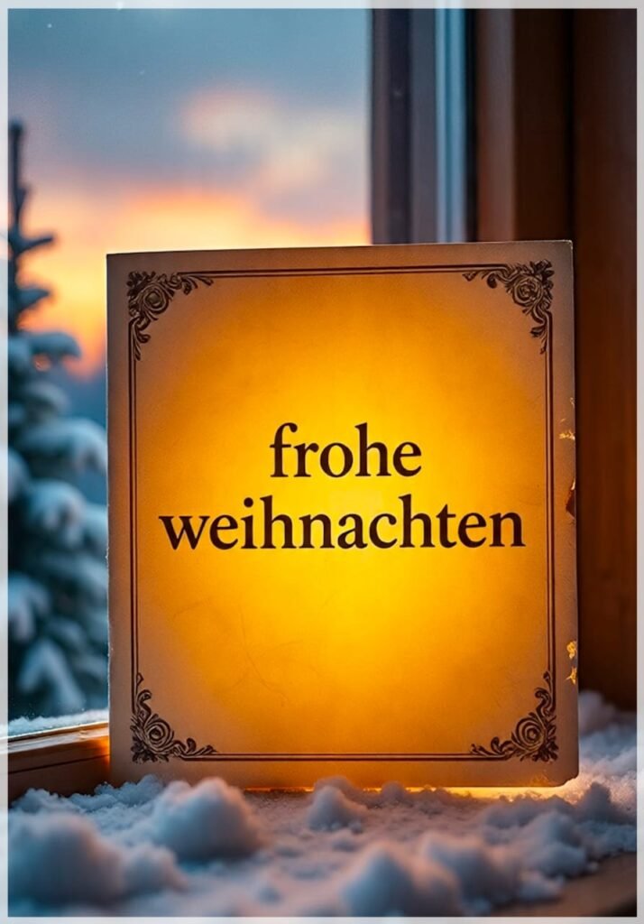 Ein beleuchtetes Gruß-Schild am Fenster mit "Frohe Weihnachten" bei Sonnenuntergang
