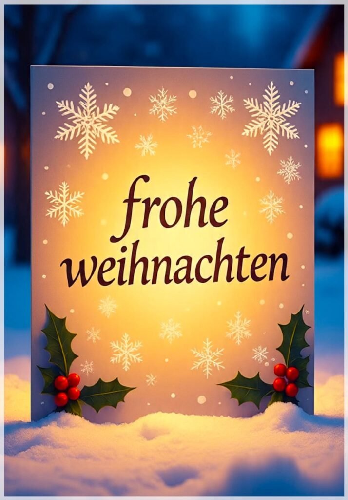 Ein leuchtendes Schild mit Schneeflocken und Holly-Blättern, dazu  Frohe Weihnachten im Schnee