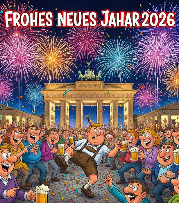 Lustiges Neujahrsbild 2026 mit Cartoon und Frohes neues Jahr Text
