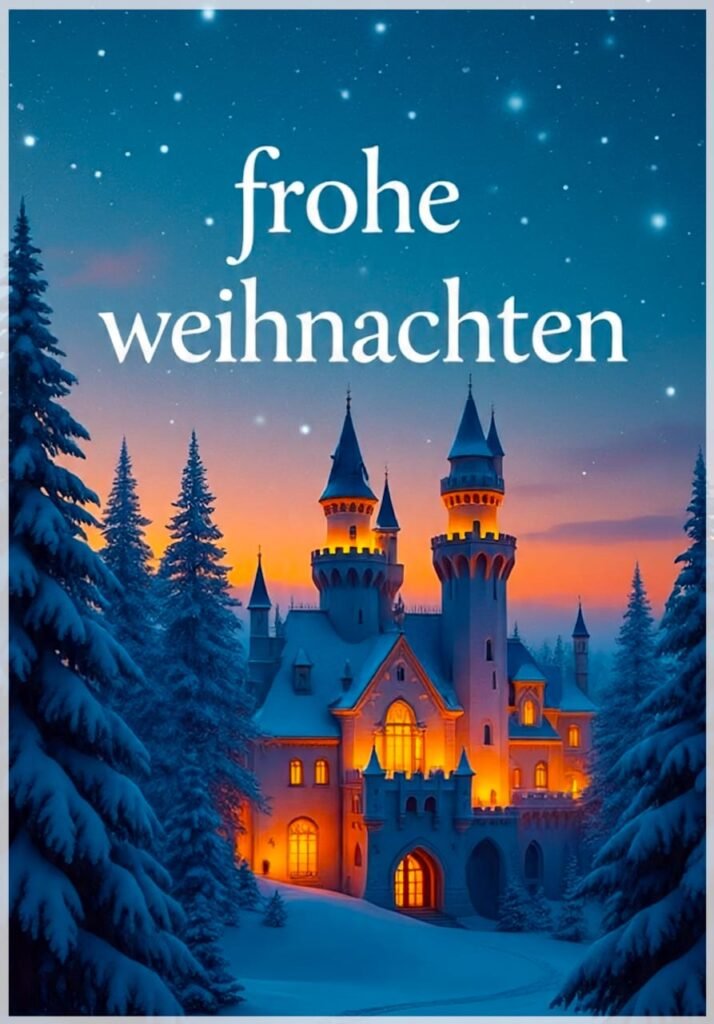 Ein beleuchtetes Märchenschloss in einer verschneiten Winterlandschaft bei Sonnenuntergang