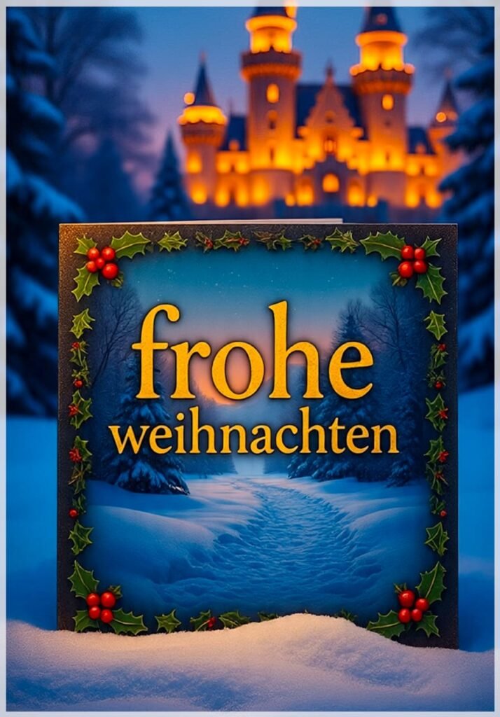 Ein festlicher Rahmen mit Holly um eine verschneite Szene mit beleuchtetem Schloss