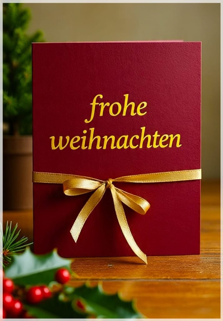 Eine tiefrote Weihnachtskarte mit goldenem Gruß und einer eleganten goldenen Schleife