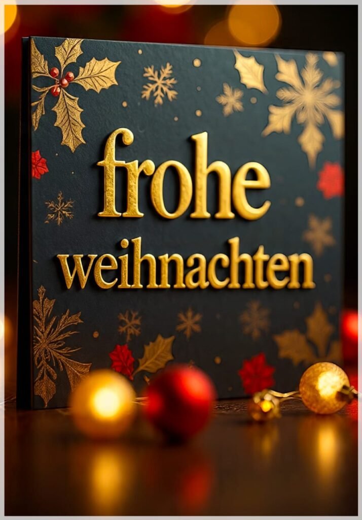 Elegante schwarze Karte mit glänzend goldenen Buchstaben und Schneeflocken-Motiven