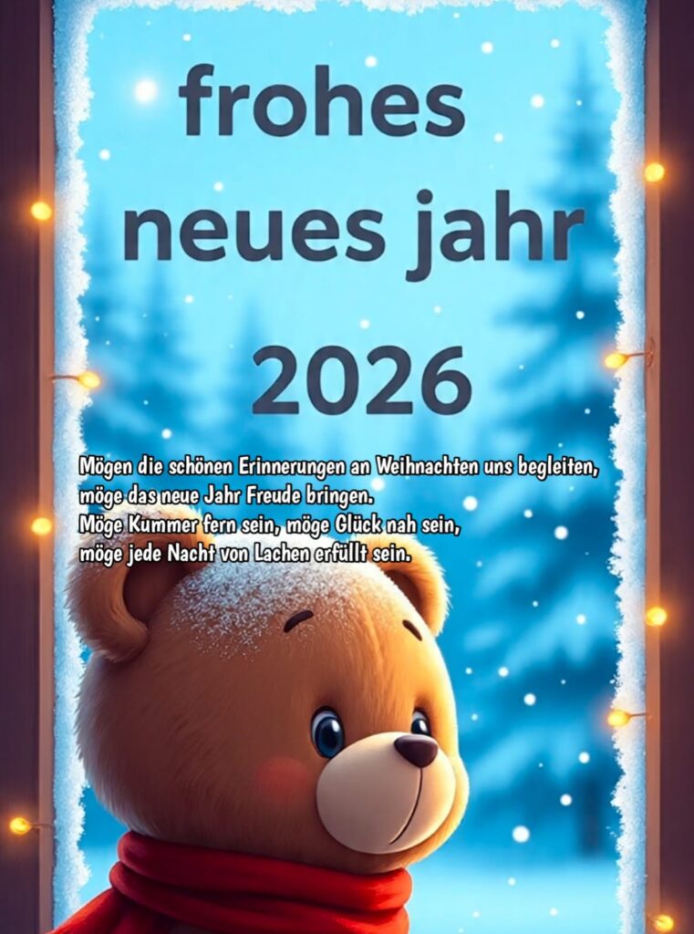 Ein süßer Teddybär schaut durch ein verschneites Fenster auf eine winterliche Tannenlandschaft