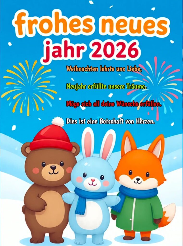 Ein Bär, ein blauer Hase und ein Fuchs stehen vor Feuerwerk und wünschen Neujahr
