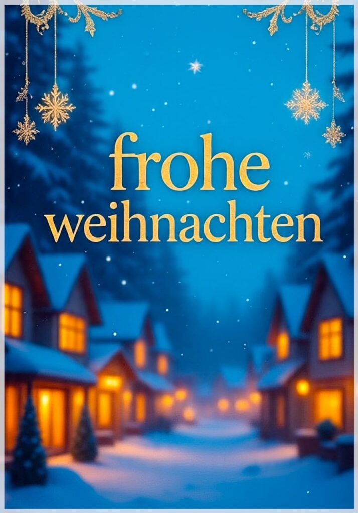 Ein unscharfes Dorf bei Nacht mit goldenen Schneeflocken und dem Gruß "frohe weihnachten