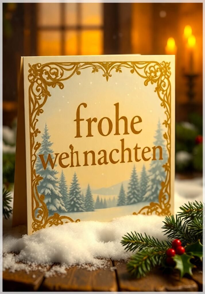 Eine Weihnachtskarte mit goldenem Rahmen und verschneiter Waldszene auf einem Holztisch