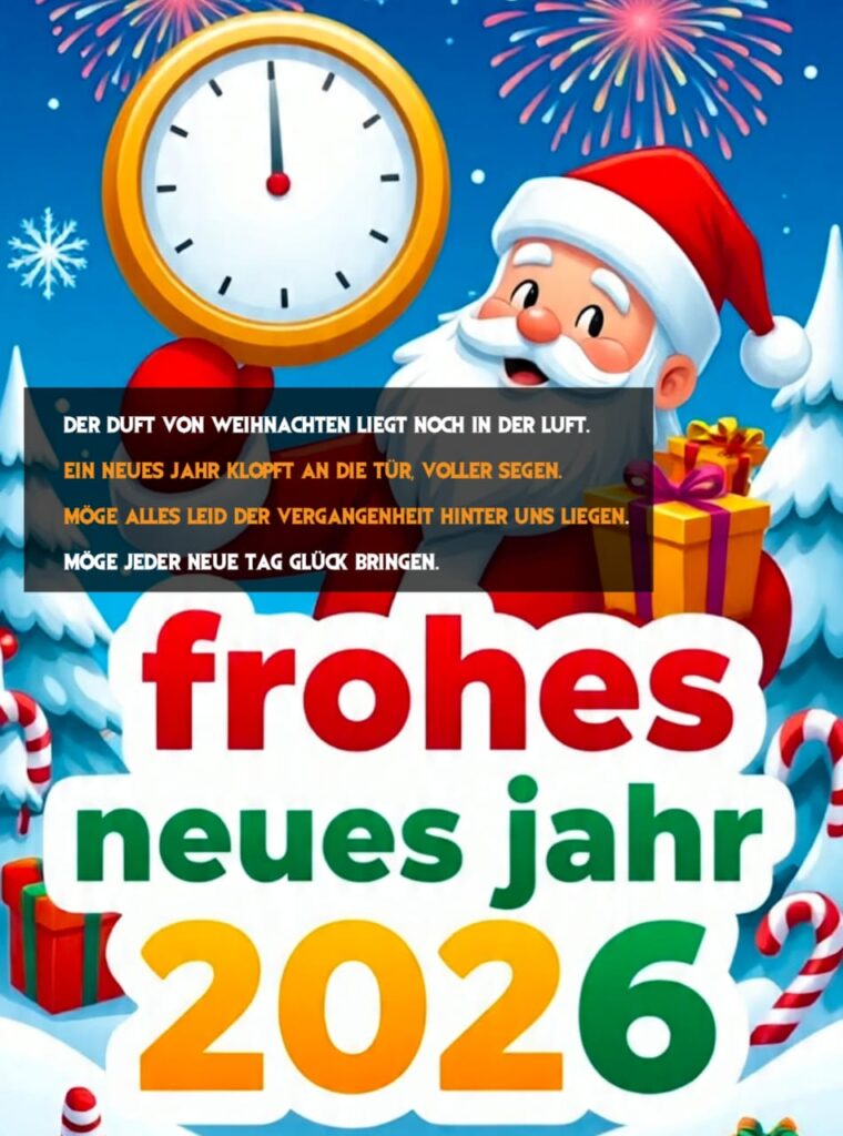 Ein gezeichneter Weihnachtsmann hält eine Uhr und einen Zuckerstock, umgeben von bunten Geschenken