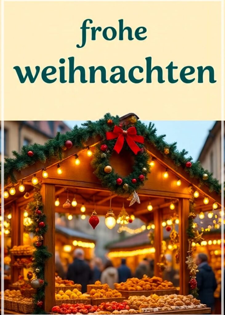 Ein hell beleuchteter Weihnachtsmarktstand voller Leckereien, mit dem Gruß "frohe weihnachten