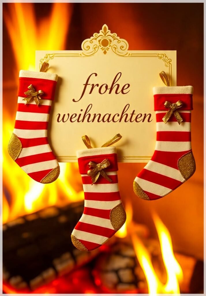 Eine Karte mit drei rot-goldenen Weihnachtssocken und dem Gruß vor loderndem Kamin