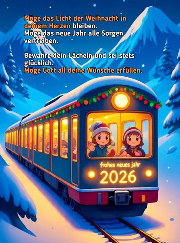 Ein festlich beleuchteter Zug fährt nachts durch eine verschneite Berglandschaft ins Jahr 2026