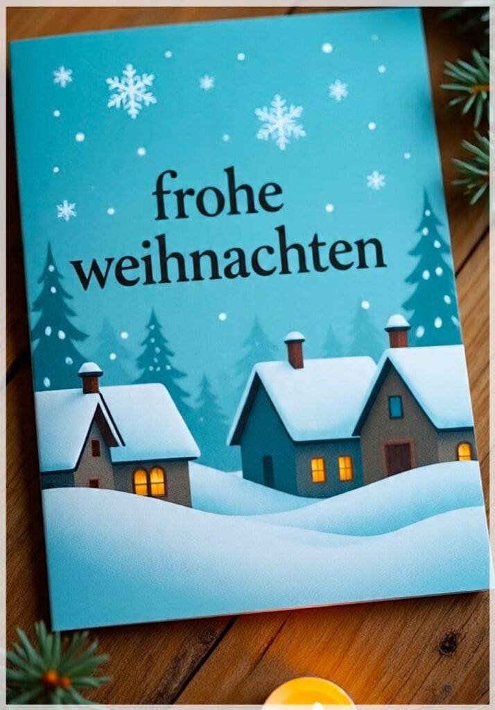 Eine Winterlandschaft mit blau-grauen Häusern, Tannen und Schneeflocken auf Holzuntergrund