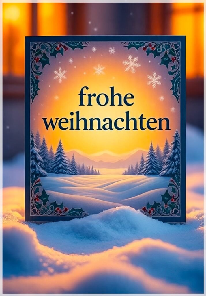 ine gerahmte Karte mit einer weiten, verschneiten Landschaft und Sonnenuntergang/Aufgang