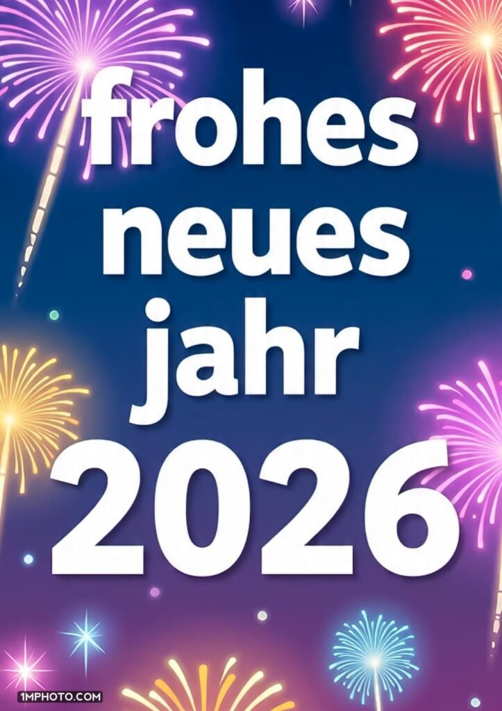 Einfaches Feuerwerk mit der Aufschrift Frohes Neues Jahr 2026
