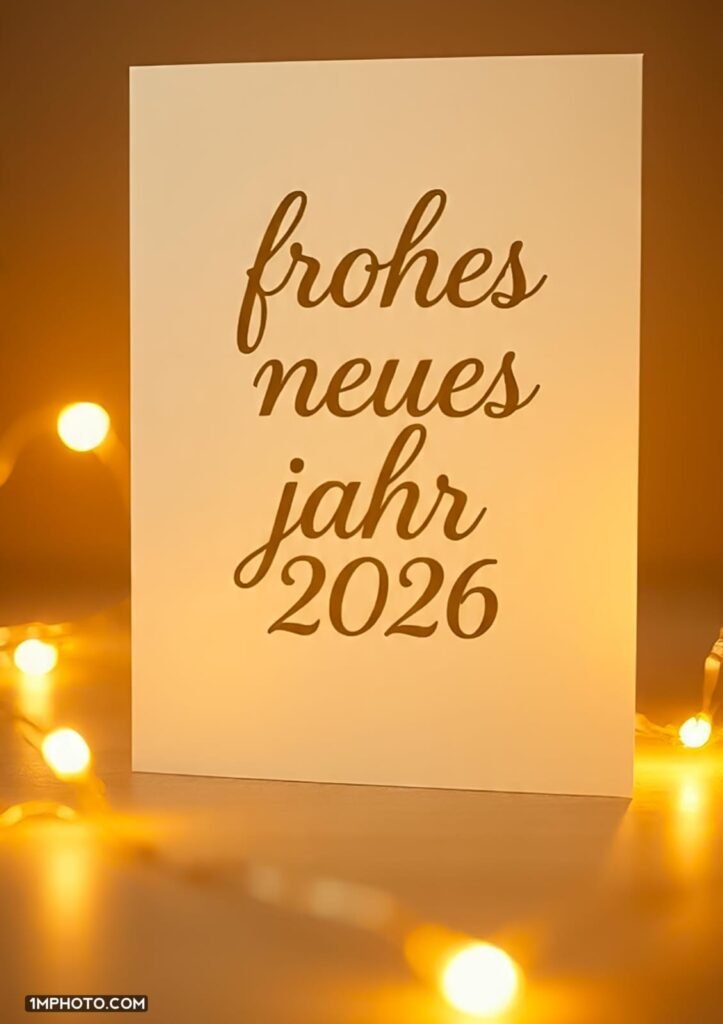 Unten sehen Sie ein Bild einer grauen Karte mit goldenem Hintergrund und der Aufschrift Frohs Neujahr“