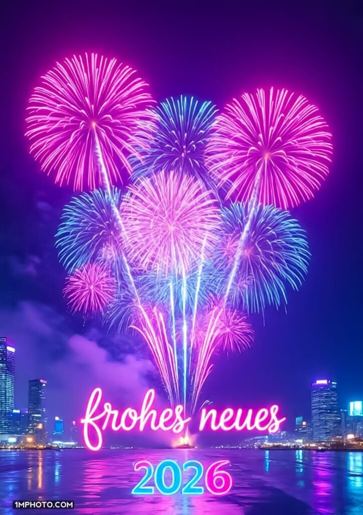 Ein Feuerwerkskörper explodiert oben, er ist rosa und trägt die Aufschrift Frohes Neues Jahr