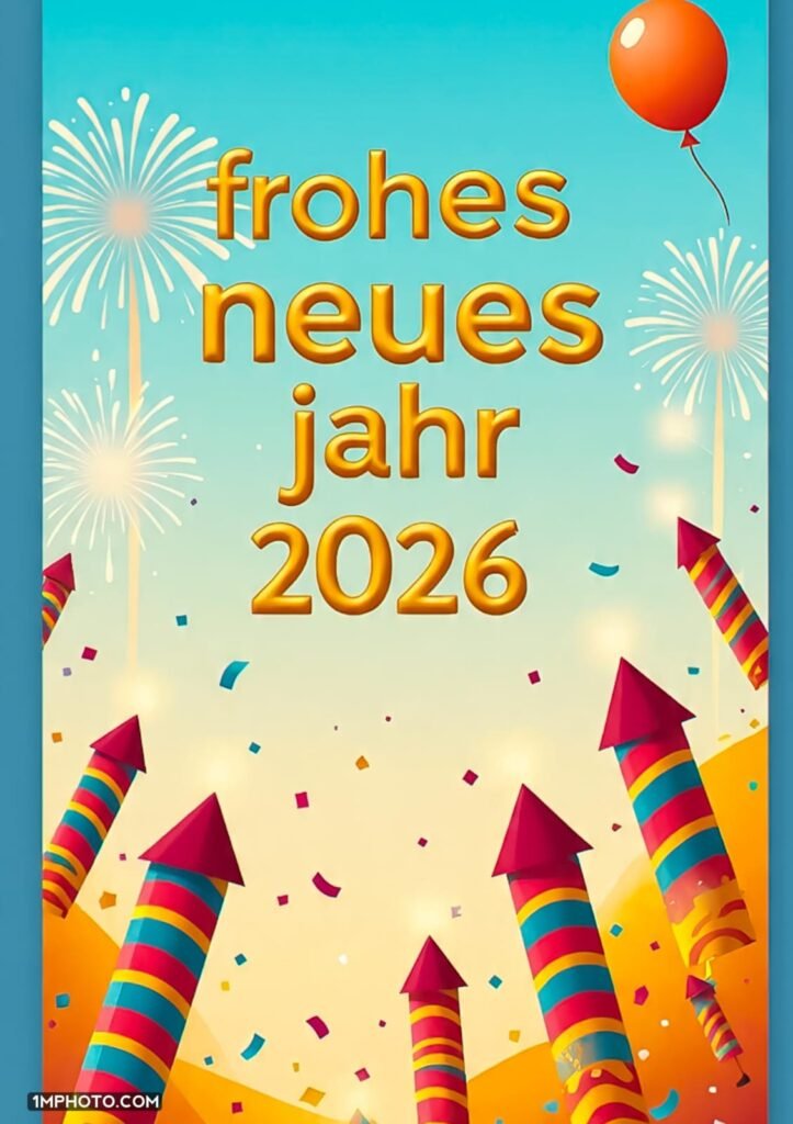 Blauer Hintergrund mit 6 brennenden Raketen und dem Schriftzug Frohes Neues Jahr