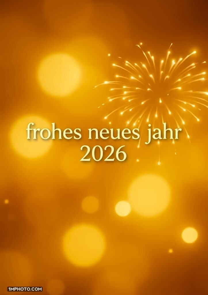 goldener Rand frohes neues Jahr 2026 BILDER mit Feuerwerk auf blauem Hintergrund