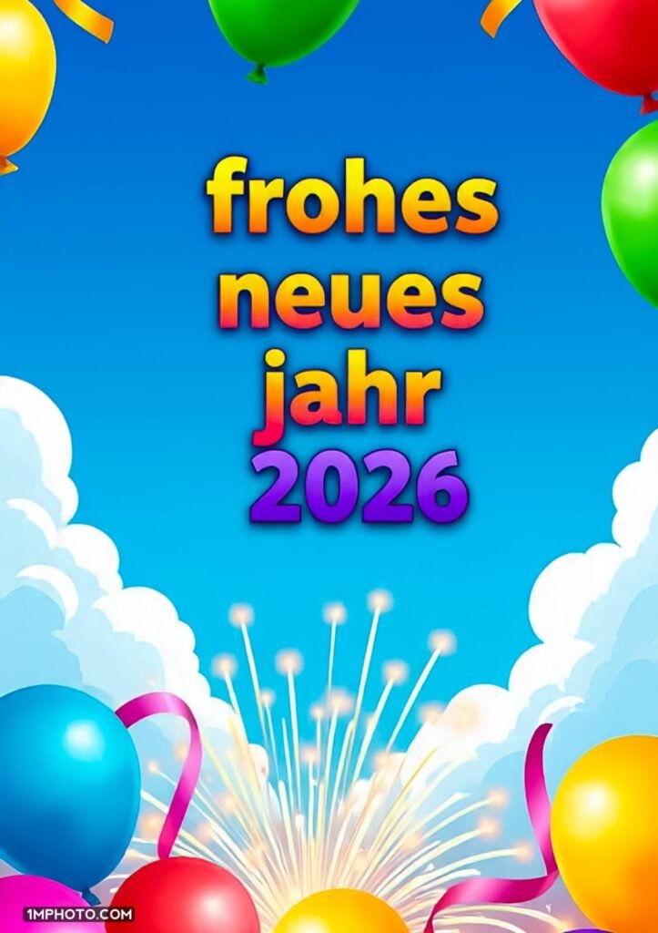 Frohes Neues Jahr 2026 Lila Schrift, blauer Hintergrund, Wolken