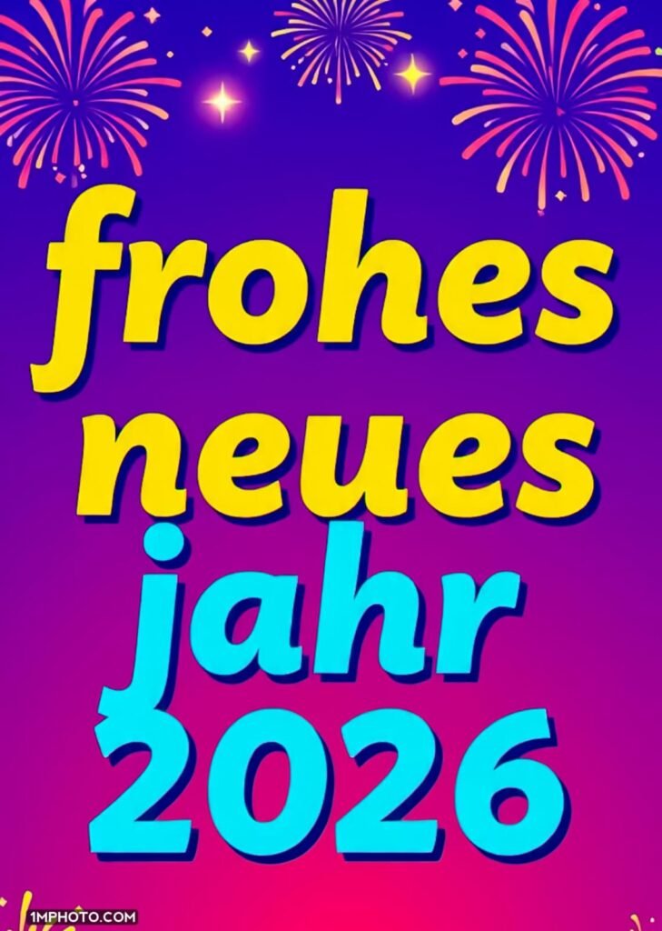 Nächtliche Stadtszene, über der ein wunderschönes pinkes und blaues Feuerwerk über den Hochhäusern aufsteigt. Der Text frohes neues jahr 2026 leuchtet