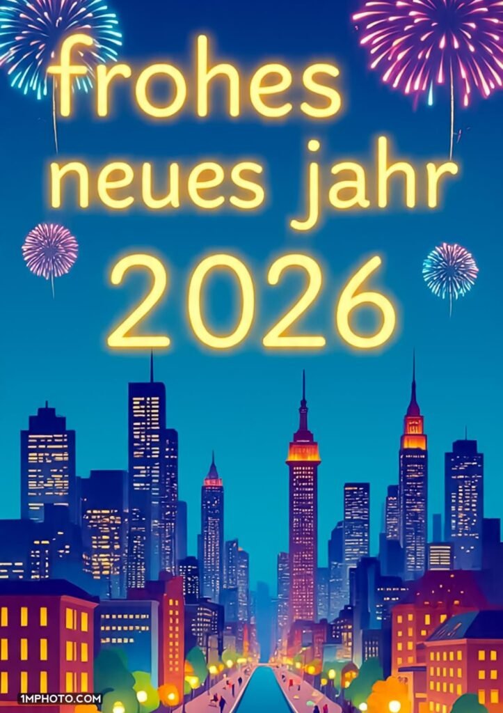 Neujahrskarte mit Feuerwerkskörper auf blauem Hintergrund und Stadtmotiv