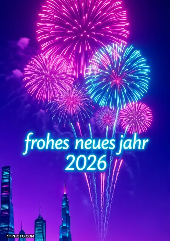 Marineblauer Hintergrund umrahmt von gelben und roten Feuerwerksraketen. In der Mitte steht frohes neues jahr 2026