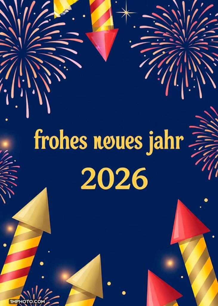 Hintergrund. Oben gibt es ein Feuerwerk und in der Mitte steht der fette Text frohes neues jahr 2026