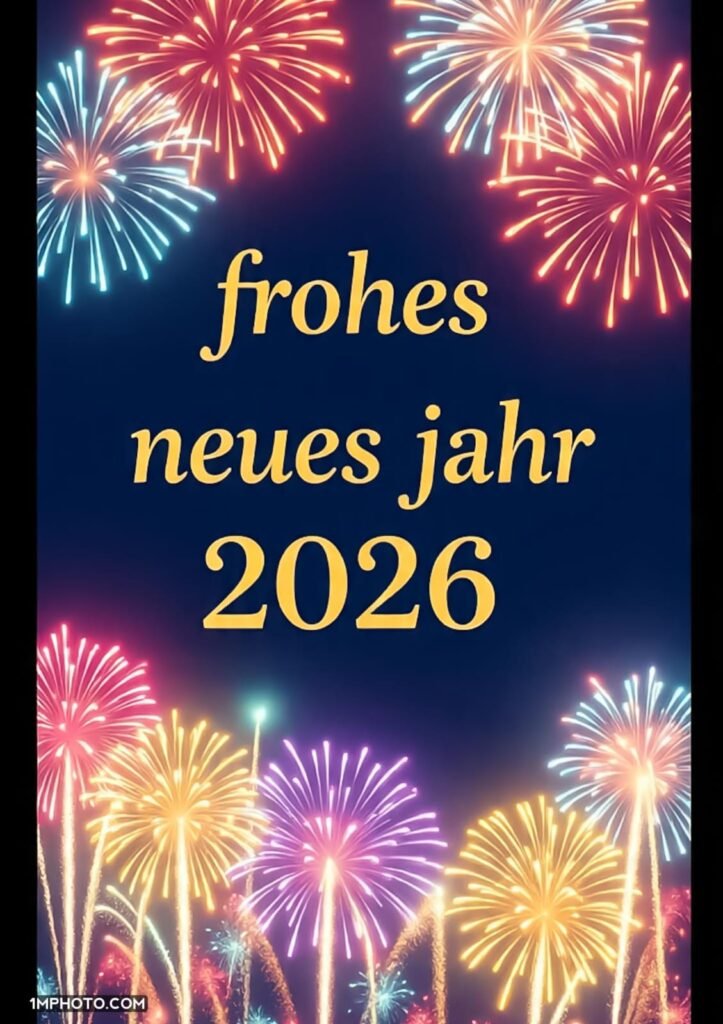 Blaue und rosafarbene Feuerwerkskörper mit der Aufschrift Frohes Neues Jahr brennen in der Luft