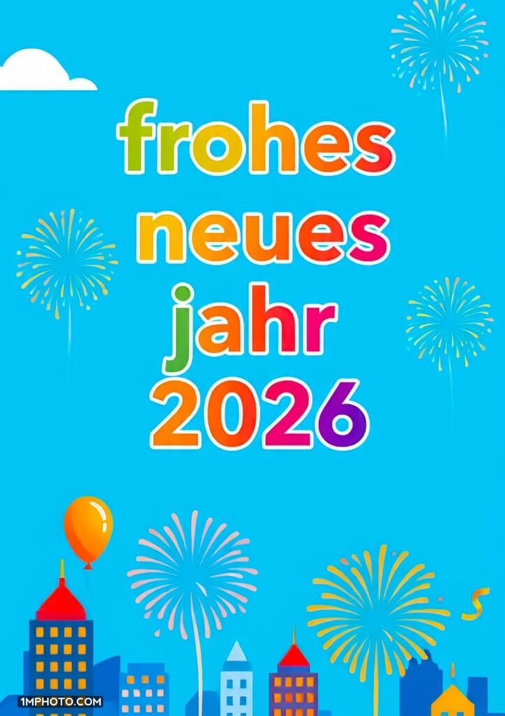 Tiefblauer Hintergrund mit Ballons und Feuerwerk. In der Mitte steht in großen goldenen Buchstaben frohes neues jahr 2026