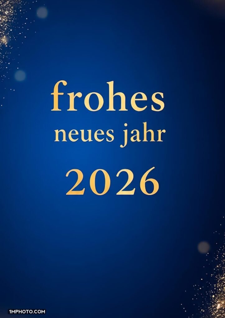 Heller blauer Himmel mit Gebäuden und kleinen Feuerwerken im Hintergrund. In der Mitte steht groß und bunt frohes neues jahr 2026