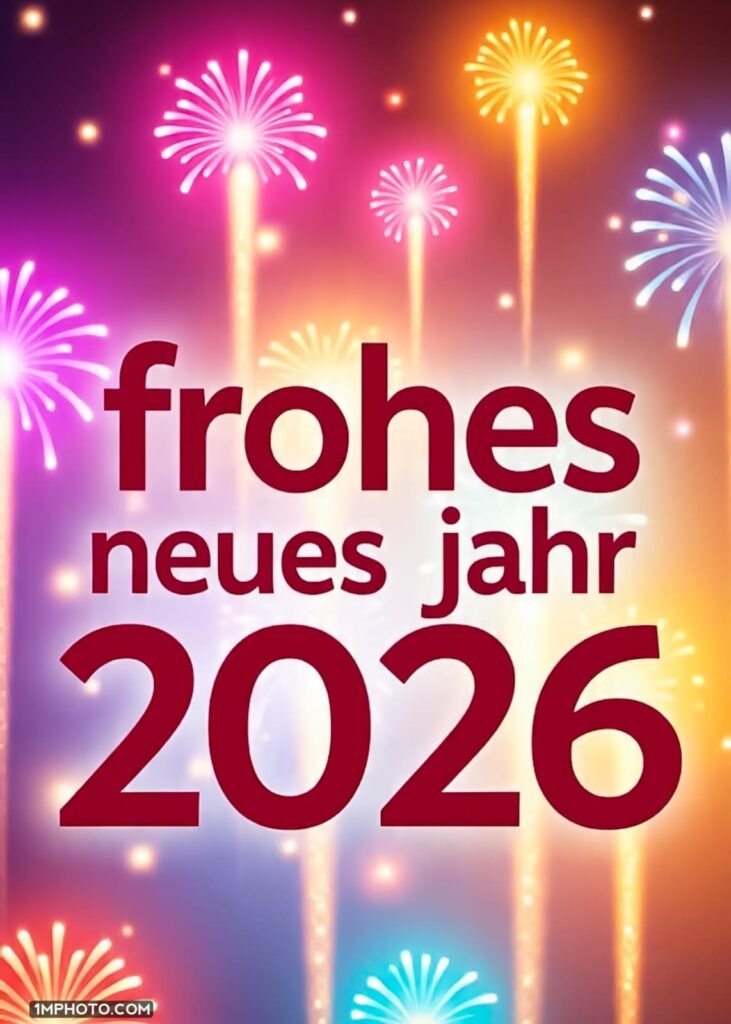 Eine farbenfrohe, leuchtende Neujahrskarte für 2026 mit einem spektakulären Feuerwerksmotiv