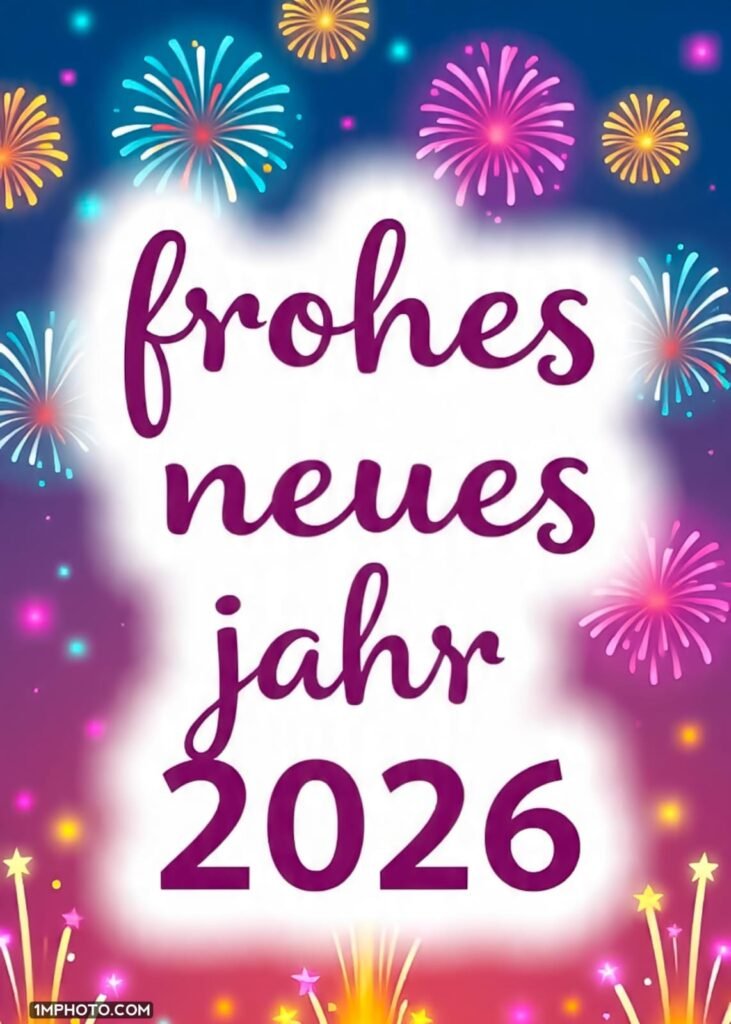 Es ist Nacht, Frohes Neues Jahr steht auf dem weißen Licht.