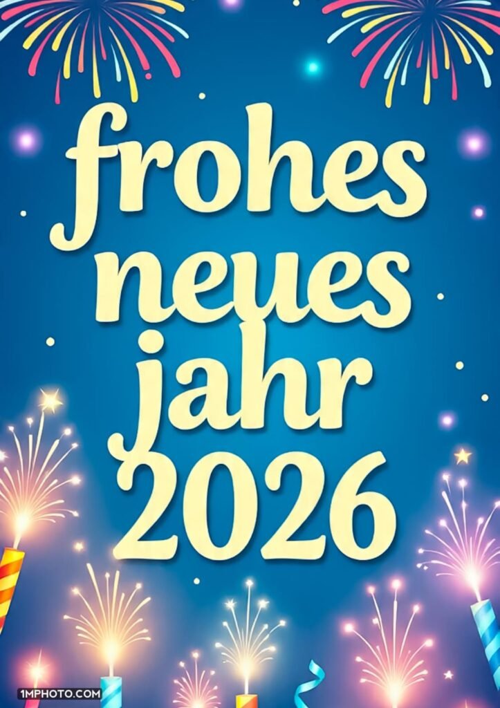 Grußkarte zum Jahreswechsel 2026 mit gelben Buchstaben und buntem Feuerwerk auf blauem Hintergrund