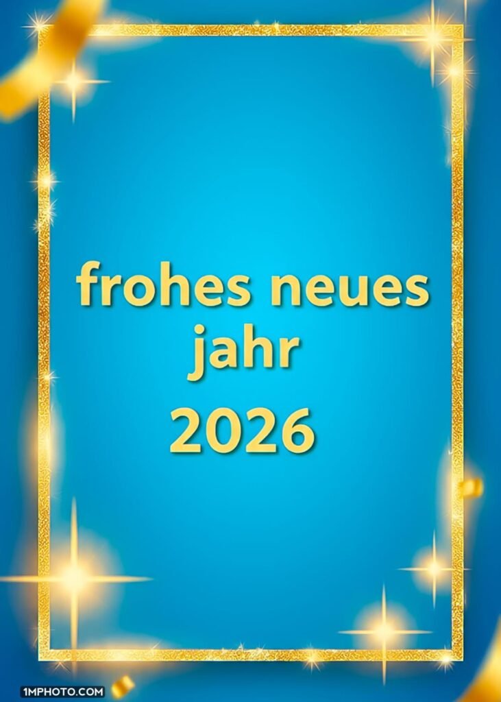 Ein Bild mit blauem Hintergrund gelbem Text Frohes Neues Jahr 2026‘ und einem goldglänzenden funkelnden Rand