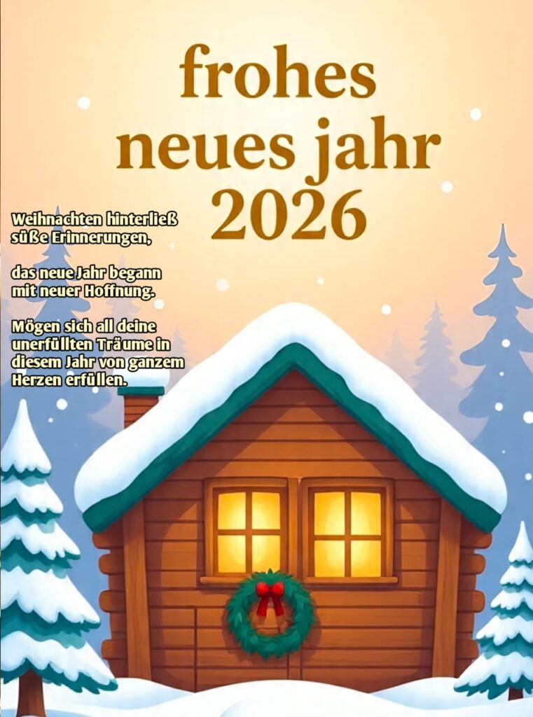 Eine schneebedeckte Holzhütte in einem Winterwald mit einem Weihnachtskranz an der Tür