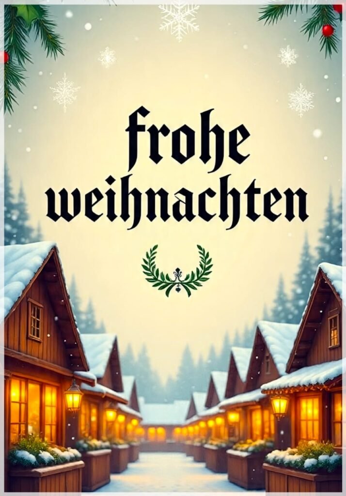 Ein Gruß vom Weihnachtsmarkt mit Ständen und altdeutscher Schrift "frohe weihnachten