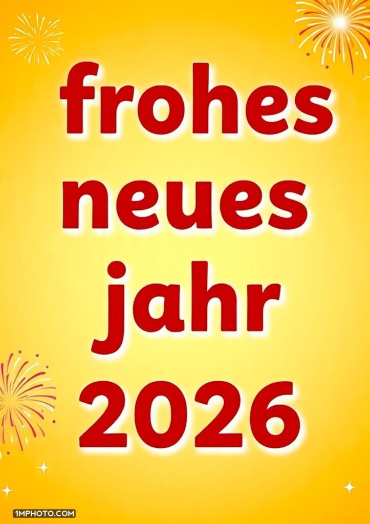 Frohes neues Jahr 2026 in roten Buchstaben auf gelbem und orangefarbenem Hintergrund