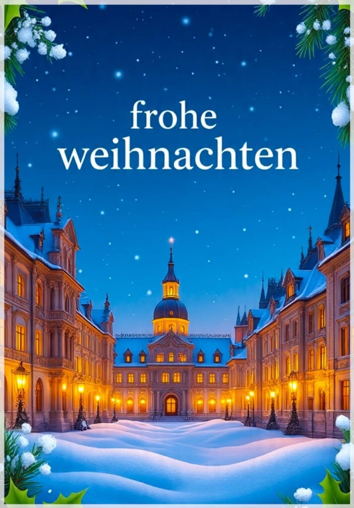 Eine beleuchtete barocke Platzszene in der Nacht, umgeben von Schnee, mit Frohe Weihnachten