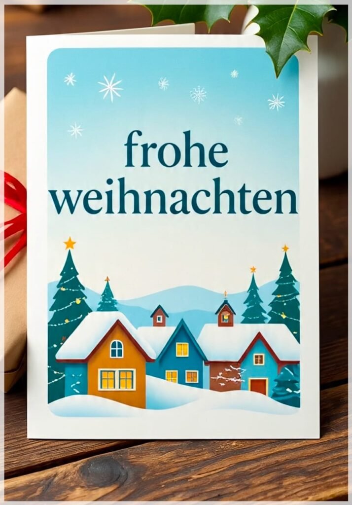 Eine farbenfrohe Weihnachtskarte mit verschneiten Häusern in Cartoon-Stil