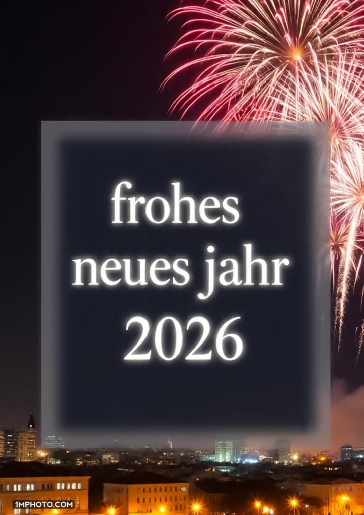 Mitten in der Stadt gibt es ein Feuerwerk und Frohes Neues Jahr steht in einem schönen schwarzen Rahmen geschrieben.