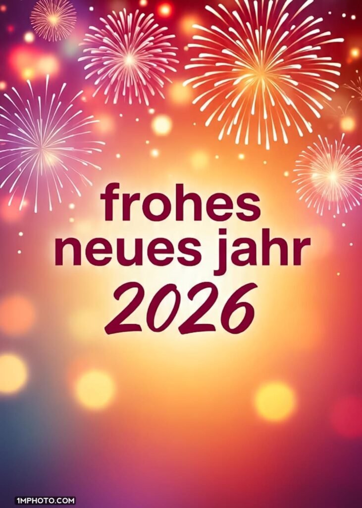 Bunte leuchtende Feuerwerke über einem verschwommenen Hintergrund mit der Aufschrift frohes neues jahr 2026