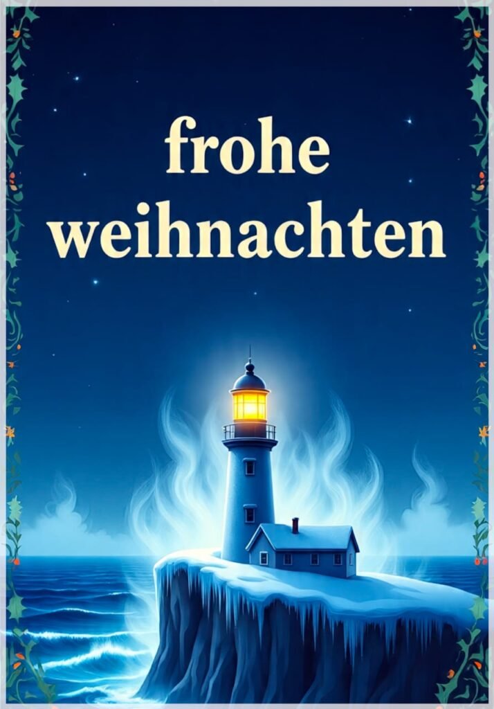 Motiv eines leuchtenden Leuchtturms auf einer verschneiten Klippe, Text Frohe Weihnachten