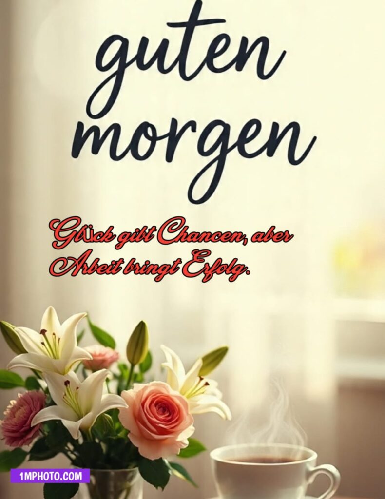 Guten Morgen Tasse Kaffee, rosa Blumen und inspirierendes Zitat Gute Tage muss man sich verdienen