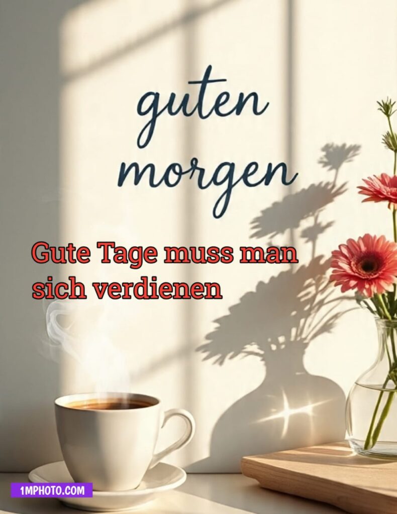 Guten Morgen Bilder mit Kaffee, orangen Blumen und dem motivierenden Spruch Gute Tage muss man sich verdienen