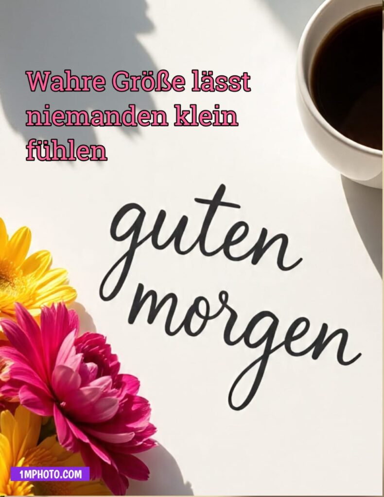 Guten Morgen Bild mit bunten Gerbera Blumen und Spruch Wahre Größe lässt niemanden klein fühlen